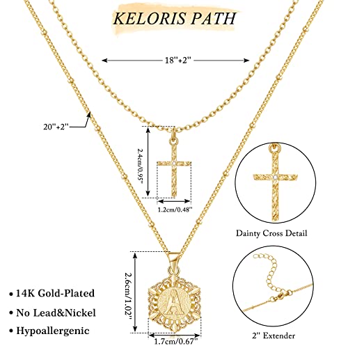 Keloris Path Gold Layered Initial Cross Necklace, 14K Gold Plated Layering Hexagon Letter Pendant Satellite Chain Cross Choker From A-Z Capital Jewelry For Women Girls(Letter M) #TOP5