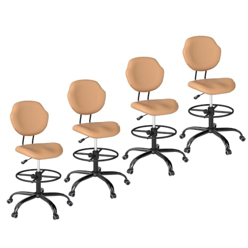 Image of Drafting Chair with Back Support, Tall Desk Rolling Stool (Khaki, Set of 4)