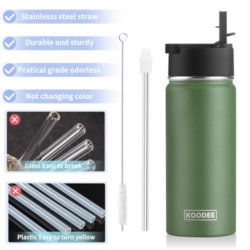 Image of koodee Water Bottle-16 oz Stainless Steel Double Wall Vacuum Insulated Sports Water Bottle with Straw for Girls and Boy (Grass Green)
