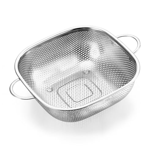 Herogo Sieb 28 cm Edelstahl Küchensieb Nudelsieb mit Griff Micro-Perforierte Quadratische Abtropfsieb Seiher für Nudeln Obst Gemüse Glatte Kante und hochgezogene Füße Spülmaschinenfest