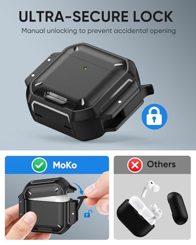 Image of MoKo for AirPods 4 Case Cover with Lock, Waterproof, Black | Secure Lock, IP68 Waterproof, Military‑Grade Shockproof, Keychain, Phone Stand, Cleaner Kit