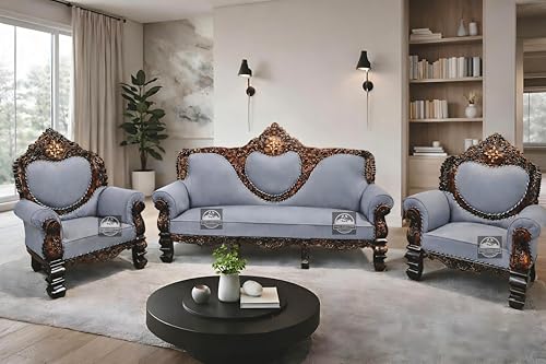 Image of Royal Carved Wooden Sofa Set | 3+1+1 Seater | Antique with Button Tufted Velvet Upholstery | Victorian Style Living Room Furniture Tufted Sofa Set Grey 3-Piece (Design 15)