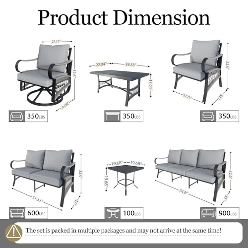 Image of 11 Pieces Patio Conversation Sets, All-Weather Metal Swivel Rocking Chairs with Rope Furniture Set, Outdoor Sofa Couch for Deck, Porch, Garden, Backyard, Poolside (Gray Cushions)