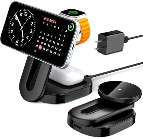 Compatible with 3 in 1 Magsafe Charging Station for Apple Devices, 15W Wireless Foldable Charger Stand for iPhone 16/15/14/13/12, Apple Watch & AirPods, Perfect for Home, Office, and Travel.