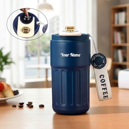 Image of Giftana Personalized Tumbler with LED Temperature Display, Customized Stainless Steel Coffee Mug with Secure Lid & Carrying Strap (Blue, 420ml)