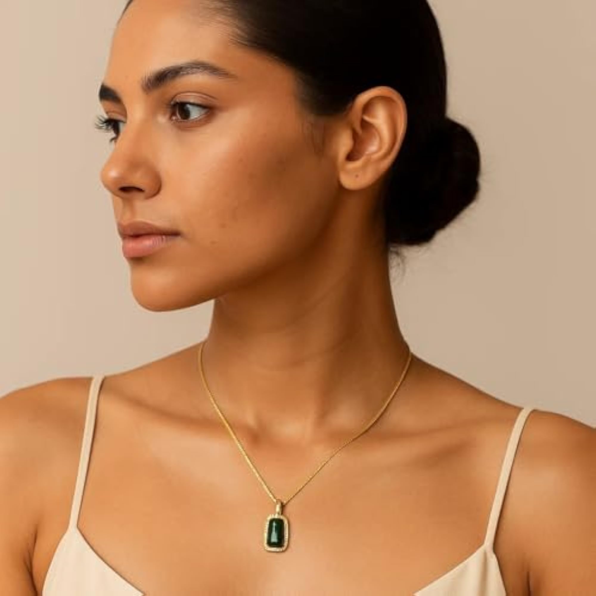 Women's 925 Sterling Silver Gold-Plated Green Gemstone Pendant Necklace