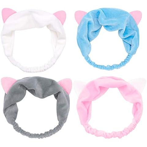 Dokpav Headband for Makeup, 4 Pieces Cute Cat Ears Hairbands for Women Girls, Elastic Headbands for Shower Face Washing, White, Blue, Pink, Grey Cover