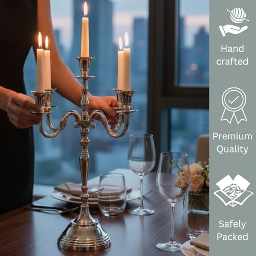 Image of Decorative Aluminum Silver Plated Five Arm Candle Holder Stand for Home & Hall Decore (14 inch * 14 inch * 24 inch)(Size:Large)