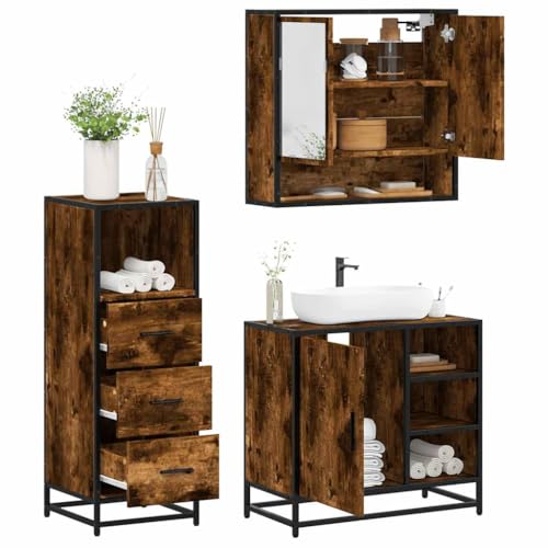 Kaloriko Juego de muebles de baño de madera de roble ahumado con lavabo, armario alto, ahorro de espacio con espacio de almacenamiento, cajón, estantería para invitados, aseo, cuarto de baño