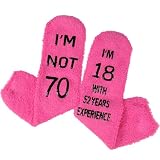 Hapfine 70th Birthday Gifts for Women - I'm Not 70 I'm 18 with 52 Years Experience - Dark Pink Fuzzy Socks with Cupcake Packaging - Funny Gag Gift for Grandma, Mom - Non Slip Slipper Socks