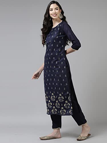 Image of INDO ERA Women Pure Cotton Navy Blue Kurta Set