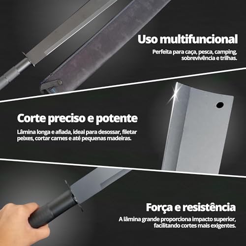 Faca Tática Grande 81cm NO2Problems, Aço Inox Preto, Lâmina Afiada, Cabo Antiderrapante, Colecionado