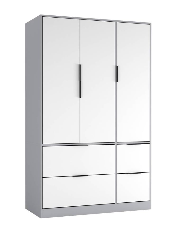 URBNLIVING 3 Door Wardrobe with 4 Drawers – Wooden Bedroom Storage Cupboard with Hanging Rail for Clothes - Grey Unit & White Doors & Drawers