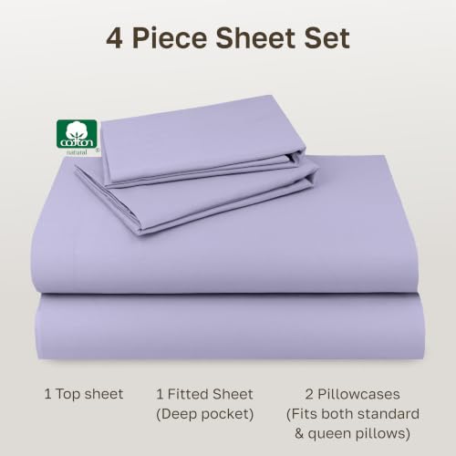 Image of California Design Den Queen Sheet Set Deep Pocket - Natural 100% Cotton Sheets, Soft Sateen Weave, All Around Elastic, Breathable and Durable Bedding - Lavender