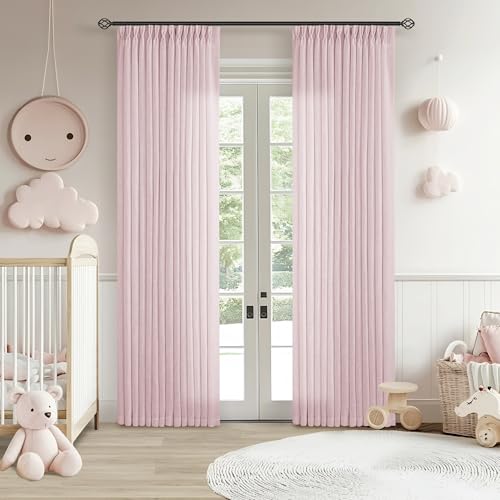 Image of Light Pink Linen Pinch Pleat Curtains 84 Inch Length 2 Panels for Girls Bedroom Nursery Soft Thick Linen Window Drapes Semi Sheer Light Filtering Pleated for Kids Living Room Blush Dusty Pink Decor