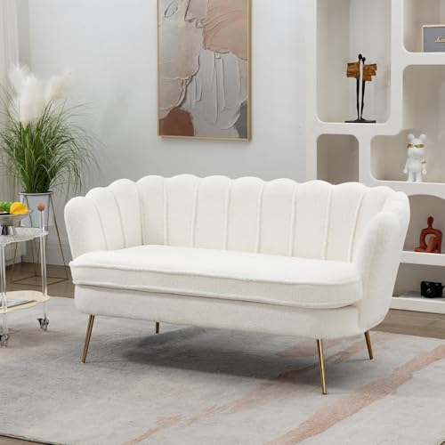 Anwick 59 Small Modern Chenille Loveseat Sofa 2-Seater Sofa with Gold Metal Legs Small Couch with Flower Shaped Back for Living Room Bedroom Office (Ivory)
