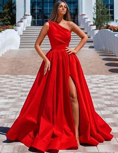 Fu Jiang Women's One Shoulder Prom Dresses 2025 Satin Long Ruched Formal Evening Gowns with Slit3
