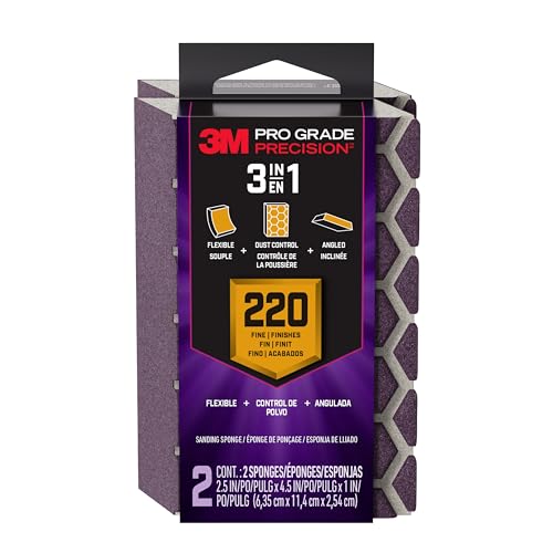 3M Pro Grade Precision 3-in-1 Sanding Sponge 220 Grit Fine 2 Sponges Washable & Reusable for Wood Metal Drywall and Paint Prep Flexible Foam Contoured Angled Flat