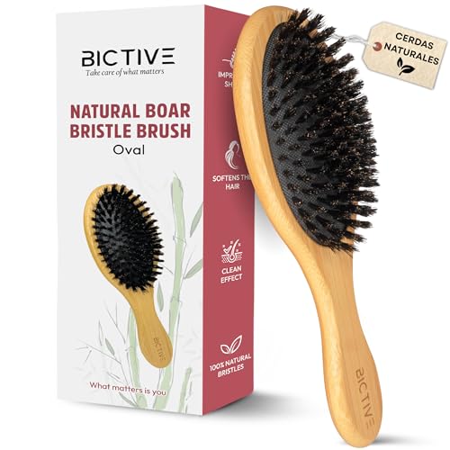 BICTIVE® Cepillo de Cerdas de Jabali Largas Naturales para Cabello Normal y Fino. Cepillo Pelo Antirotura, Alisador, Clean Look, Cepillo Cerdas Naturales para Mujer, Hombre y Niños. Peine Jabalí
