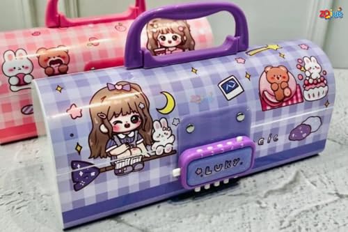 Image of Zqiue Luky Purple Password Lock Pencil Box & Happy Time Pencil Pouch Combo Set (Pack of 2) | Double Combination Lock Pencil Case | Cute Kawaii Large Capacity Stationery Organizer for Kids & Girls