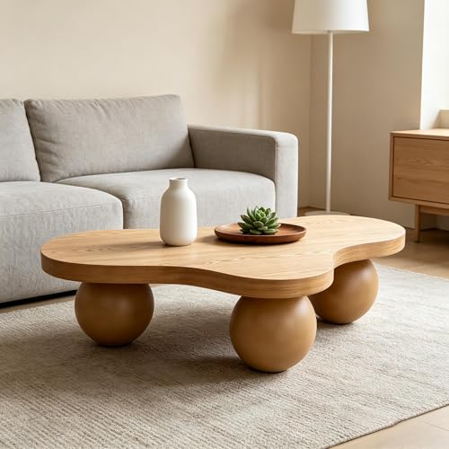 BSYEIO 46 Cloud Coffee Table with 3 Ball Legs Modern Irregular Center Table for Living Room Low Cute Small MDF Tea Table for Bedroom Space Apartment Brown