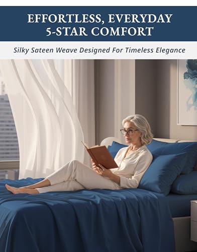 Image of LANE LINEN Full Bed Sheets 100% Egyptian Cotton Sateen - Estate Blue | Full Sheets - 4-Piece Set, For A Luxurious Night's Sleep, For Guests And Everyday Use, Long-Staple Egyptian Cotton