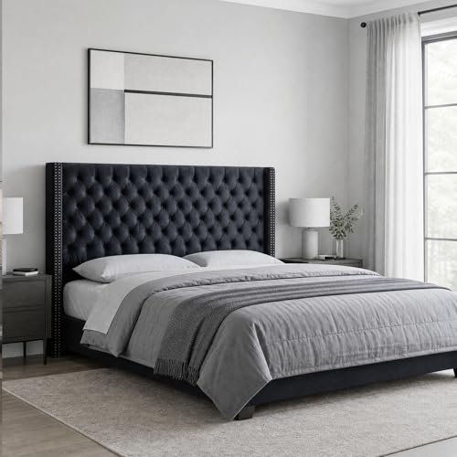 Image of Madison Park King Wingback Upholstered Tufted Headboard, Featuring High-Density Sponge Padding, Adjustable Height Headboard, Easy Assembly, Black Velvet