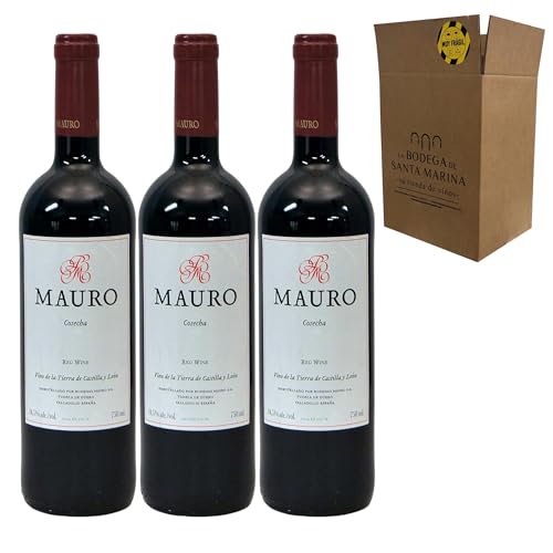 Mauro - Vino Tinto Español - Blend de Tempranillo y Syrah - Crianza Equilibrada con Notas de Fruta Negra, Especias y Toques Ahumados - Pack 3 Botellas