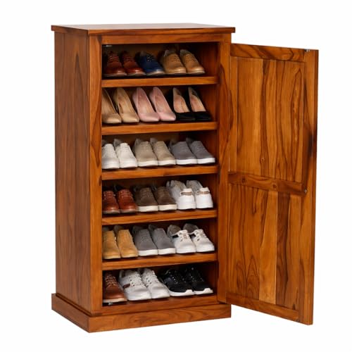 Image of Solid Sheesham Wood Shoe Cabinet with Door, 6 Shelves, Natural Finish | Multi-Purpose Storage Cabinet, Holds 12-15 Pairs of Shoes, No Assembly Required