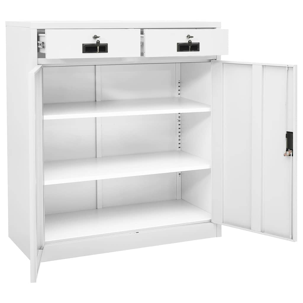 Biała szafka biurowa ze stali 90 x 40 x 102 cm z 2 wkładanymi półkami o regulowanej wysokości, zamykanymi szufladami, klamką i zamkiem do biura, warsztatu, piwnicy, gospodarstwa domowego
