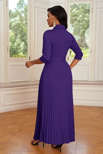 Image of Runwind Maxi Dresses for Women, 3 /4 Sleeve Botton Down Pleated Long Dress with Belt Casual Church Dress with Pockets