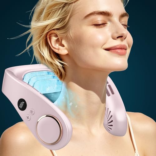 Image of FWV Neck Fans with Cooling Plate, Silent 30dB, 3-24H Battery, 5500mAh USB-C Rechargeable, 5-Speed Neck Air Conditioner, LED Display Wearable Bladeless Personal Fan for Kid Adult Girl Light Purple