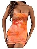GORGLITTER Women's Floral Print Bodycon Tube Dress Sleeveless Strapless Sexy Mini Dresses Coral Orange Medium