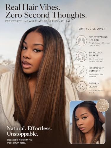 Image of Sunber Ombre Brown Balayage Highlights 13x4 Pre-Everything Lace Frontal Yaki Straight Human Hair Drawstring Wig Put On and Go Pre Cut HD Lace Pre Plucked Invisible Knots Yaki Glueless Wigs 22Inch