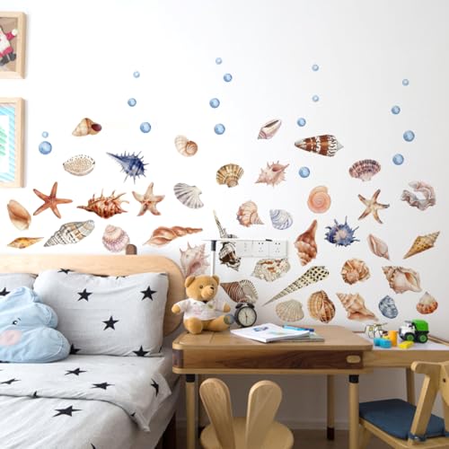 Ocean Shells & Starfish Wall Decals - Coastal Beach Theme Stickers, Starfish&Marine Elements,Removable Waterproof Wall Decor for Bathroom,Nursery, Living Room&Beach Style Interiors
