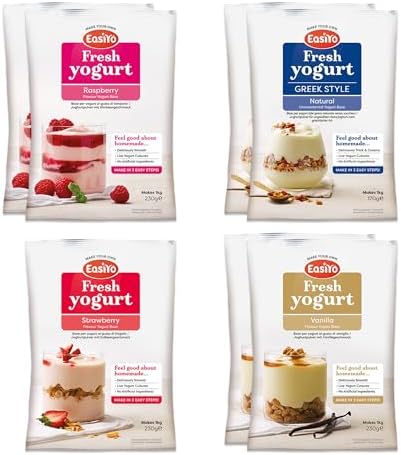 EasiYo Yogurt 7 Sachet Pack | EasiYo Mixed Pack | 2 x Vanilla 2 x Greek Style Natural 2 x Rasberry 1 x Strawberry | Each Sachet Makes 1kg of Yogurt