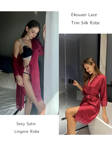 Image of Ekouaer Womens Silk Robes Short Lace Trim Satin Bride Bathrobe with Pockets