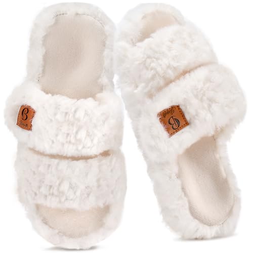 Ultrafun Womens Fluffy Slippers with Arch Support Memory Foam Open Toe Adjustable Ladies Slippers Indoor House Shoes, Beige, 3/4 UK