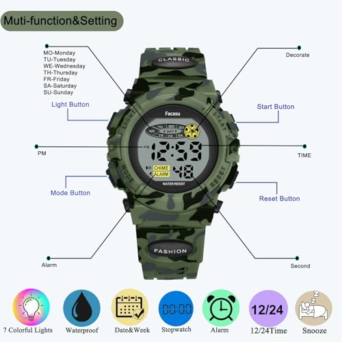 Image of Kids Watch Digital for Boys-Waterproof Kids Sports Watch with Light, Alarm&Snooze,Stopwatch Military Design Silicone Band Gift for Birthdays,Christmas Outdoor Activities(8+ Years)