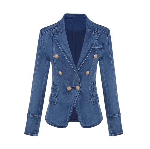 Women's Metal Button Double Breasted Slim Denim Blazer Jacket Casual Fashion High Street Suit Coat