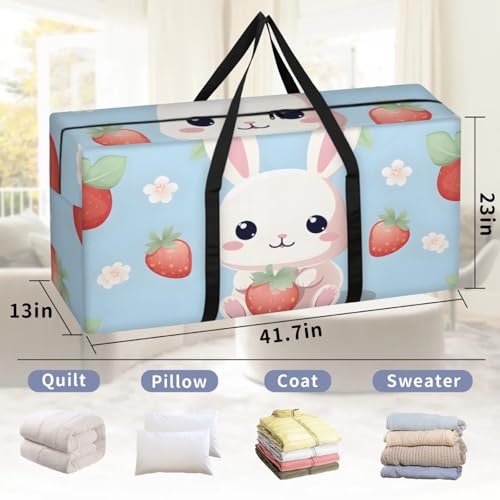 Strawberry Rabbit Extra Large Moving Bags Heavy Duty Storage Bags Cloth Wrap Around Handles Double Zipper Reusable Convenient Foldable Storage Tote for Travel Camping Space Save2