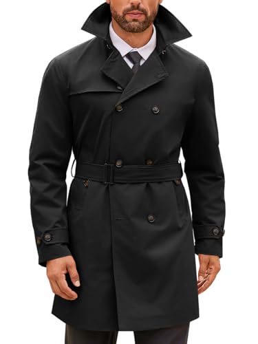 Image of Runcati Mens Double Breasted Trench Coat Notched Lapel Windbreaker Jackets Causal Overcoat With Belt
