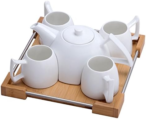 Mini Porcelain Tea Set - Ceramic Teapot Coffee Cup Set for Drinking Tea, Latte, Espresso, Water including White Tea Pot, 4 Cups, Bamboo Serving Tray