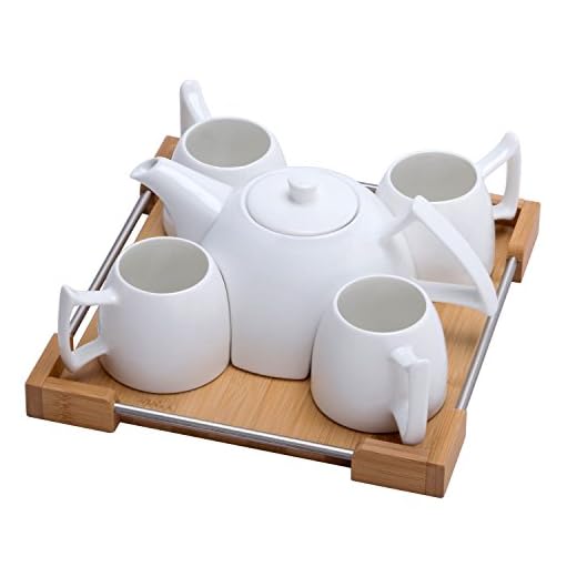 Mini Porcelain Tea Set - Ceramic Teapot Coffee Cup Set for Drinking Tea, Latte, Espresso, Water including White Tea Pot, 4 Cups, Bamboo Serving Tray