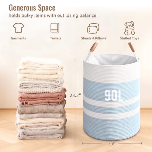 Image of Large Laundry Basket, Laundry Hamper with Leather Handles, 90L Woven Dirty Clothes Hamper, Rope Hampers for Bedroom, Barthroom, Blue