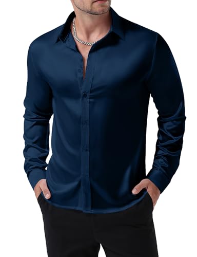 JEMITOP Mens Shiny Luxury Satin Slim Fit Dress Shirts Silk-Like Glossy Long Sleeve Button Down Shirts for Wedding Party Prom Navy Blue L