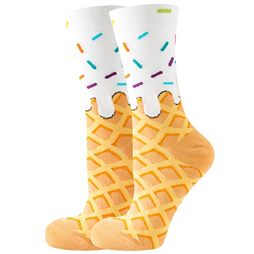 Wansruee Ice Cream Waffle Novelty Socks for Women Men & Teens - Funny Casual Fruit Socks, Cute Food Doughnut Cake Print Socks (White ice cream)