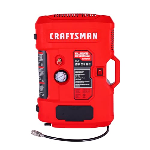 CRAFTSMAN Tire Inflator, All in One Wall Mount Air Compressor Oil-Free with Retractable 30ft Air Hose and Pressure Regulator, Great for Tire Inflation, Brad/Stapler, Finishing Jobs,1.5HP 125PSI