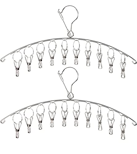Sinnsally 2 Stück Wäscheständer mit 10 Clips, Sockentrockner mit Heringen, Metall-Sockenhalter, Aufhänger für Wäscheleinen-Zubehör, Unterwäsche-Wäscheständer, Edelstahl, Bogen-Wäscheständer Cover
