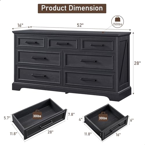 Farmhouse-7-Drawer-Dresser-52-Wide-Chest-of-Drawers-for-Bedroom-Modern-Dresser-TV-Stand-with-Large-Metal-Handle-Wood-Drawer-Organizer-for-Living-Room-Hallway-Closet-Black Farmhouse 7 Drawer Dresser 52 Wide Chest of Drawers for Bedroom Modern Dresser TV Stand with Large Metal Handle Wood Drawer Organizer for Living Room Hallway Closet Black